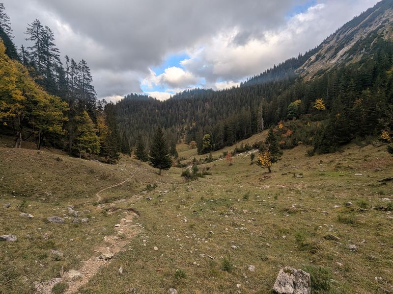 Almwiese im Tal, der Pfad führt weiter abwärts